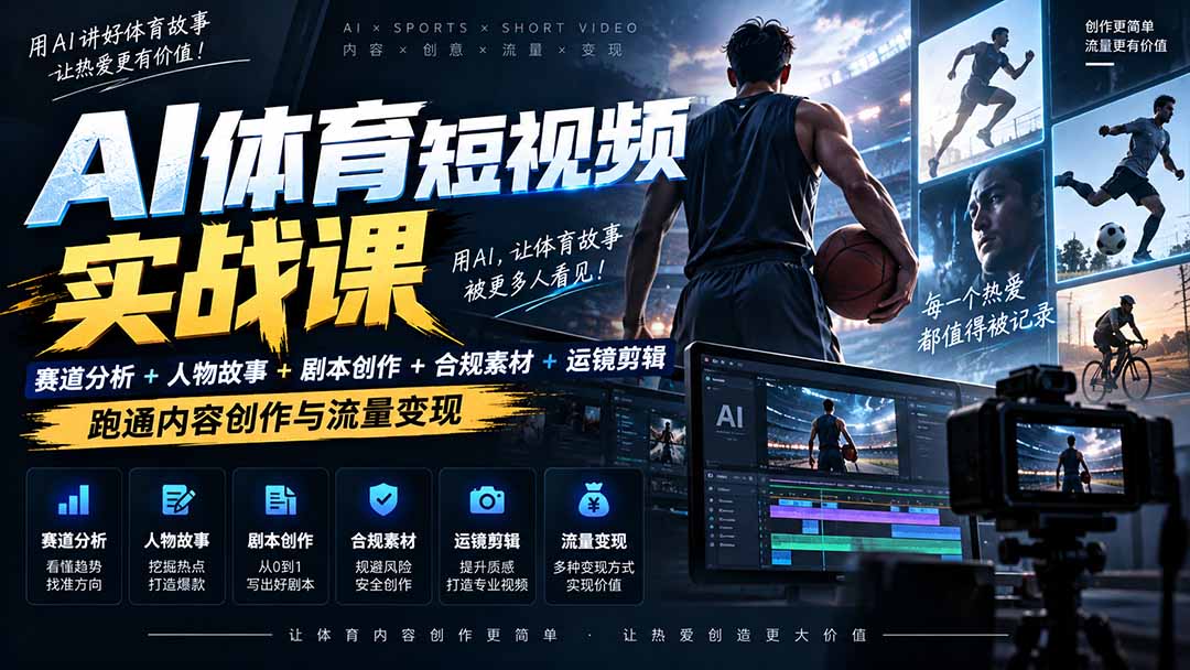 （20515期）AI体育短视频赛道顶级玩法｜赛道分析+人物故事+剧本创作+版权处理+运镜剪辑，跑通流量变现-日赚1K+|无忧资源社