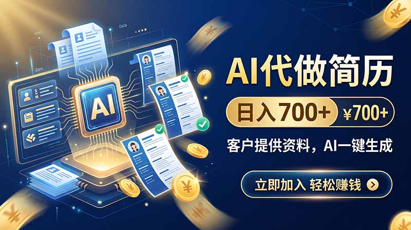 (20189期)AI代做简历,日入700+,客户提供资料,AI一键生成|无忧资源社