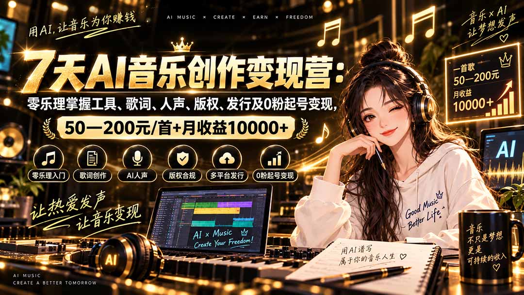 (20442期)AI音乐创作变现营:零乐理掌握工具、歌词、人声、版权、发行及0粉起号变现,50—200元/首+月收益10000+|无忧资源社