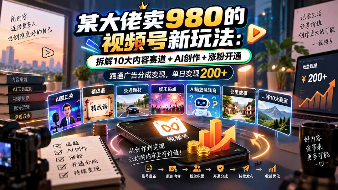 （20573期）某大佬卖980的视频号新玩法：拆解10大内容赛道+AI创作+涨粉开通，跑通广告分成变现，单日变现200+|无忧资源社