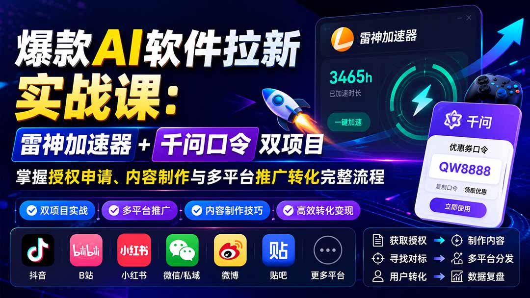 （20230期）爆款AI软件拉新实战课：雷神加速器+千问口令双项目，掌握授权申请、内容制作与多平台推广转化完整流程|无忧资源社