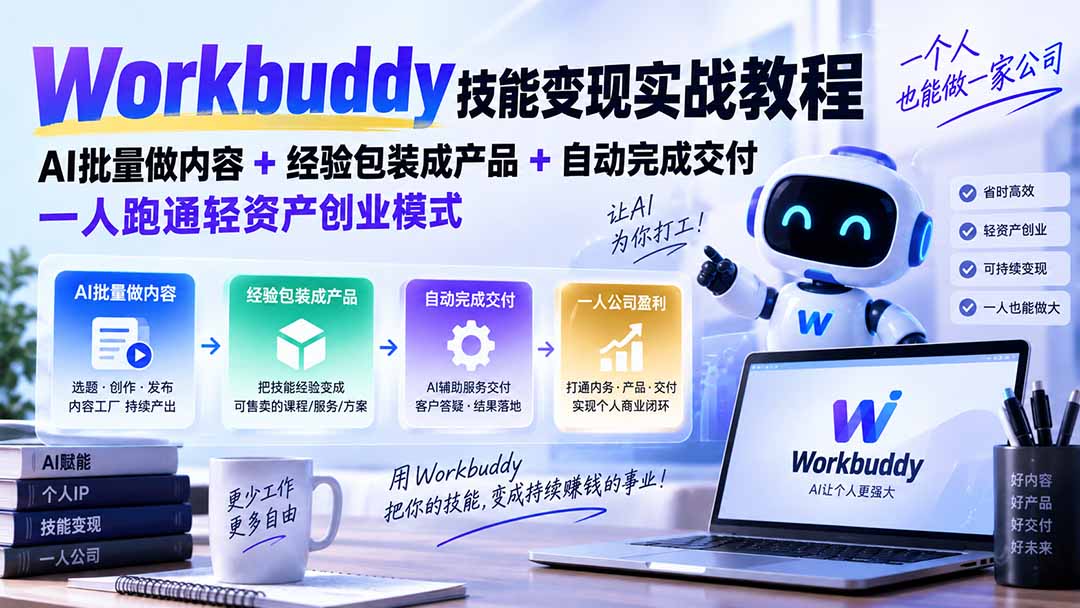 (20492期)Workbuddy技能变现实战教程:AI批量做内容+经验包装成产品+自动完成交付,一人跑通轻资产创业模式|无忧资源社