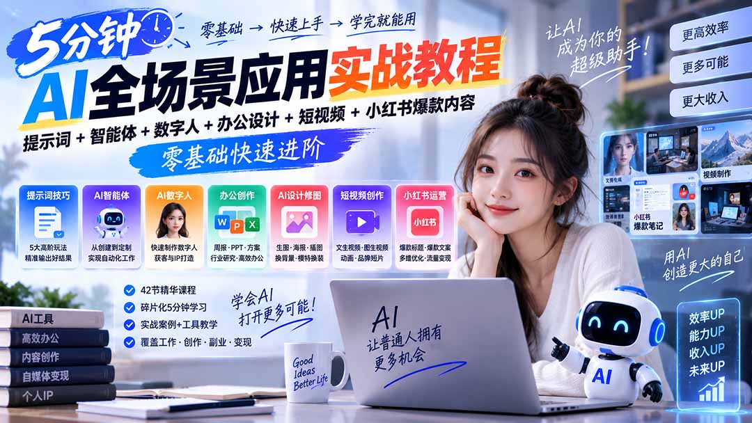 (20493期)AI全场景应用实战教程|提示词+智能体+数字人+办公设计+短视频+小红书爆款内容,零基础快速进阶|无忧资源社