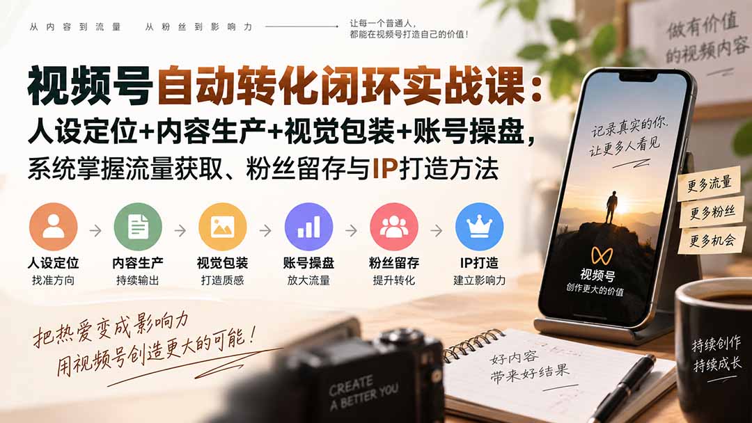 （20327期）视频号自动转化闭环实战课：人设定位+内容生产+视觉包装+账号操盘，系统掌握流量获取、粉丝留存与IP打造方法|无忧资源社