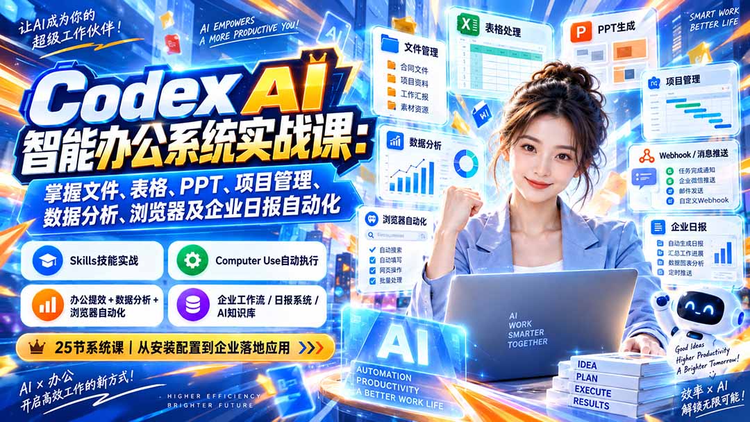 (20446期)Codex AI智能办公系统实战课:掌握文件、表格、PPT、项目管理、数据分析、浏览器及企业日报自动化|无忧资源社