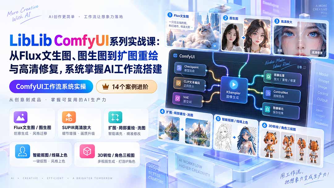 （20368期）LibLib ComfyUI系列实战课：从Flux文生图、图生图到扩图重绘与高清修复，系统掌握AI工作流搭建|无忧资源社