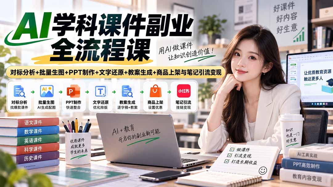 (20469期)AI学科课件副业全流程课|对标分析+批量生图+PPT制作+文字还原+教案生成+商品上架与笔记引流变现|无忧资源社