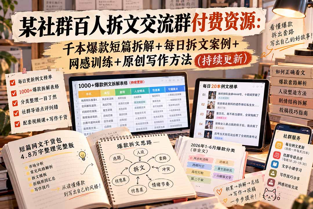 （20635期）某社群百人拆文交流群付费资源：千本爆款短篇拆解+每日拆文案例+网感训练+原创写作方法 (持续更新)|无忧资源社
