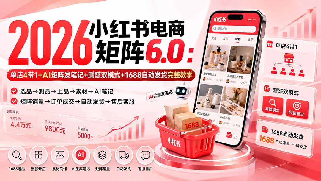 （20310期）2026小红书电商矩阵6.0：单店4带1+AI矩阵发笔记+测怼双模式+1688自动发货完整教学|无忧资源社