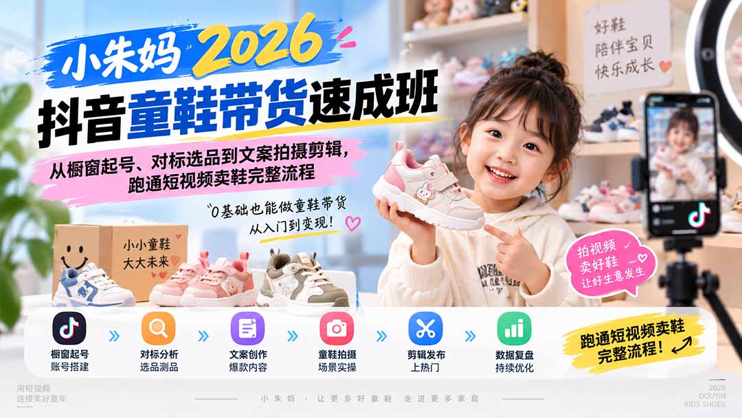（20267期）小朱妈2026抖音童鞋带货速成班：从橱窗起号、对标选品到文案拍摄剪辑，跑通短视频卖鞋完整流程|无忧资源社