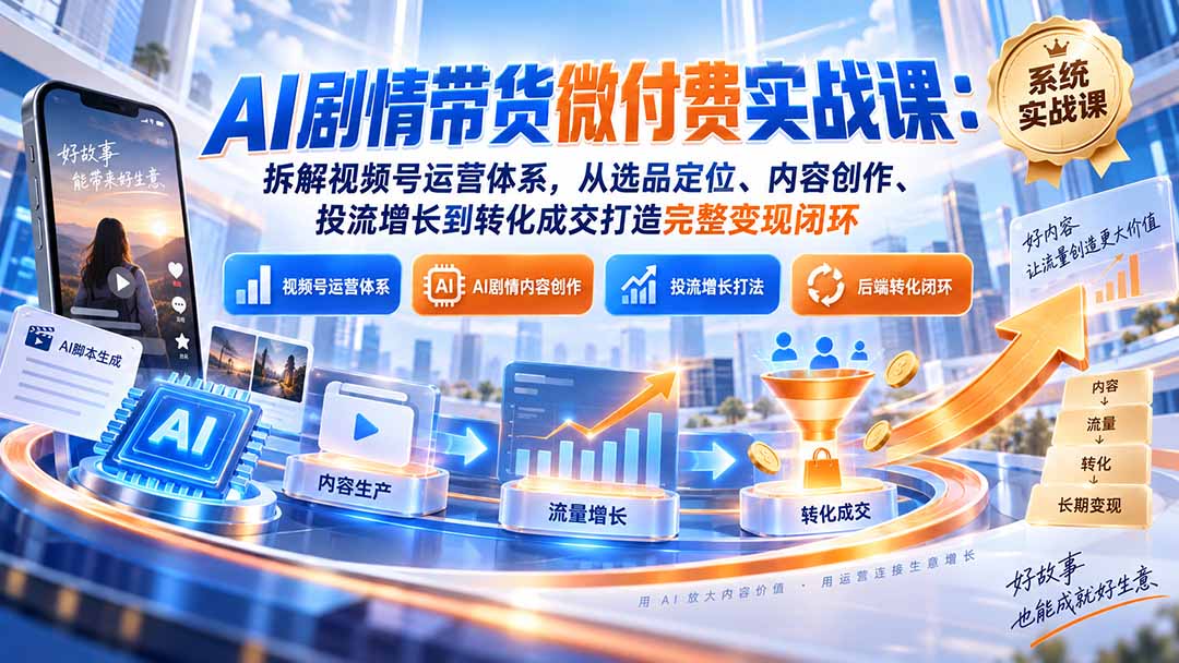 （20611期）AI剧情带货微付费实战课：拆解视频号运营体系，从选品定位、内容创作、投流增长到转化成交打造完整变现闭环|无忧资源社