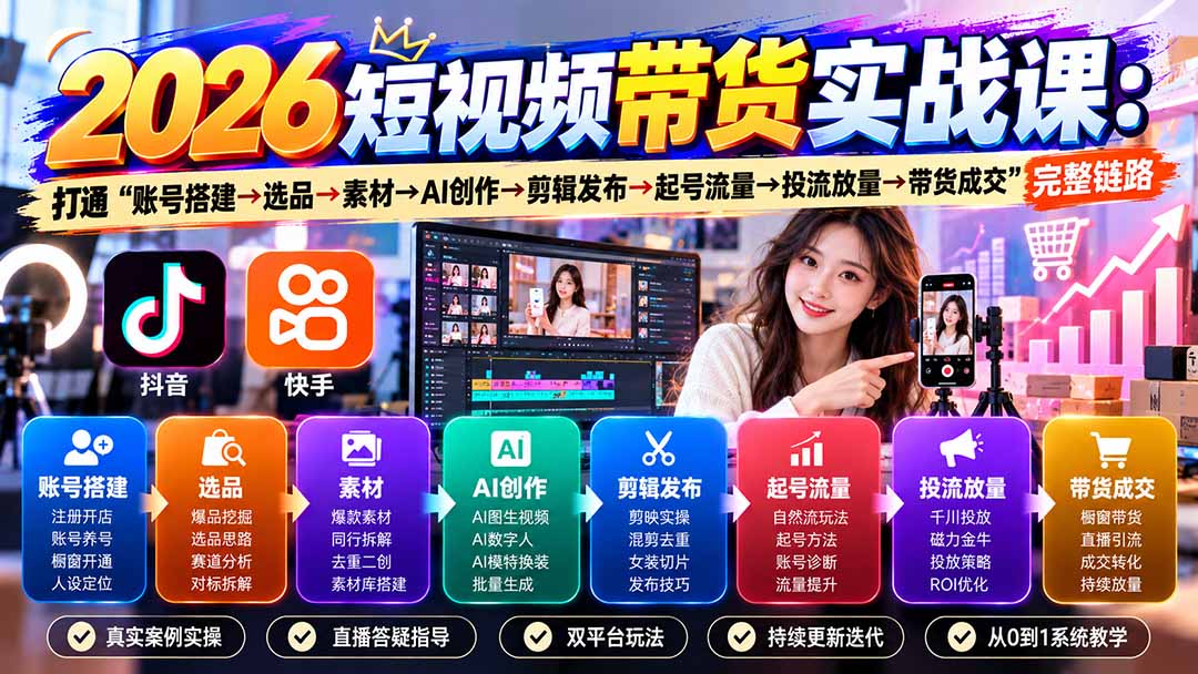（20731期）2026短视频带货实战课9月：打通“账号搭建→选品→素材→AI创作→剪辑发布→起号流量→投流放量→带货成交”完整链路|无忧资源社