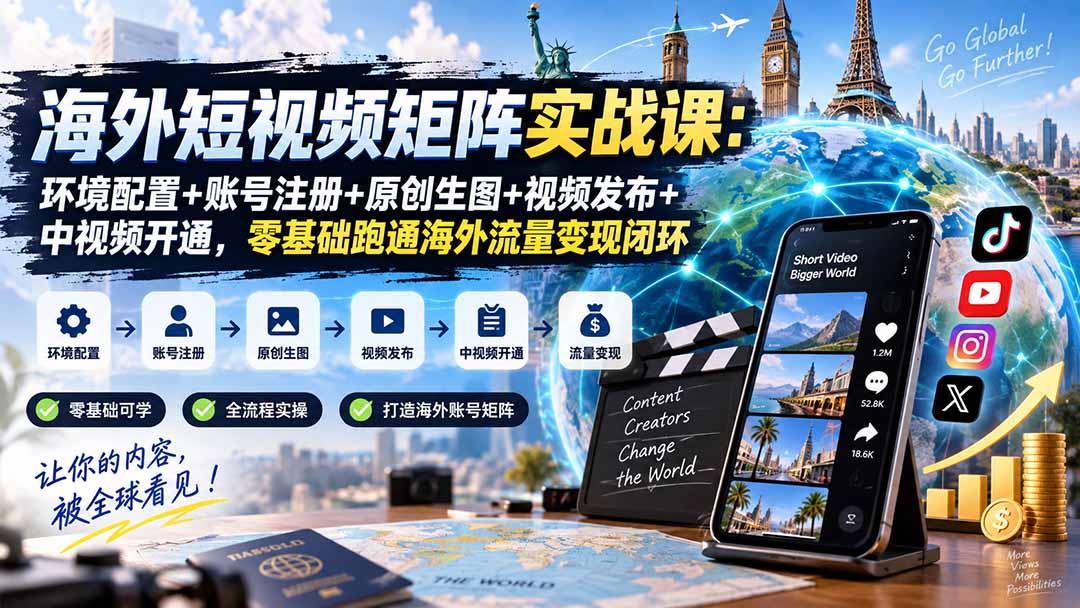 (20470期)海外短视频矩阵实战课:环境配置+账号注册+原创生图+视频发布+中视频开通,零基础跑通海外流量变现闭环|无忧资源社
