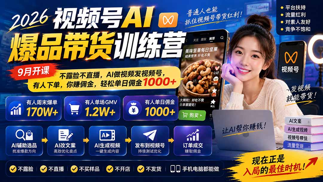 (20537期)2026视频号AI爆品带货训练营-9月开课|不露脸不直播,AI做视频发视频号,有人下单,你赚佣金,轻松单日佣金1000+|无忧资源社
