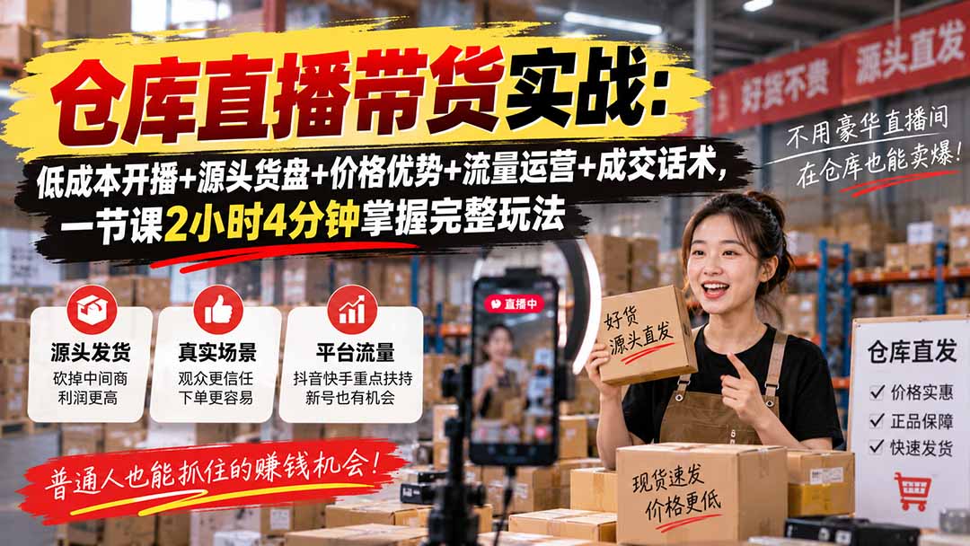 (20471期)仓库直播带货实战:低成本开播+源头货盘+价格优势+流量运营+成交话术,一节课2小时4分钟掌握完整玩法|无忧资源社