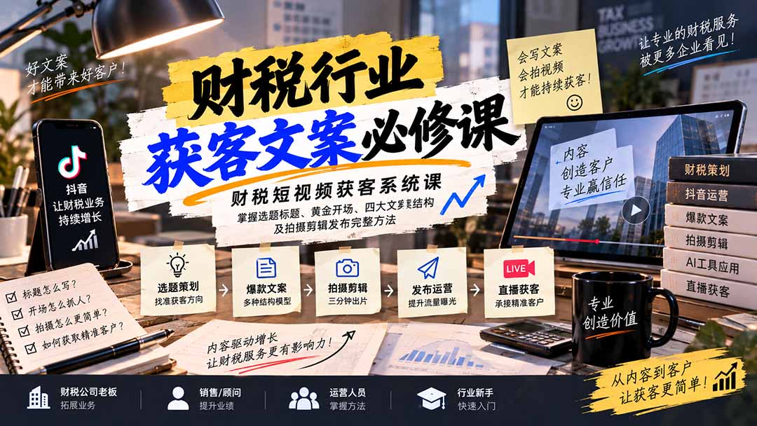 （20591期）财税短视频获客系统课：掌握选题标题、黄金开场、四大文案结构及拍摄剪辑发布完整方法|无忧资源社