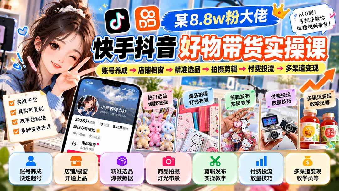 （20733期）某8.8w粉大佬快手抖音好物带货实操课：账号养成→店铺橱窗→精准选品→拍摄剪辑→付费投流→多渠道变现|无忧资源社