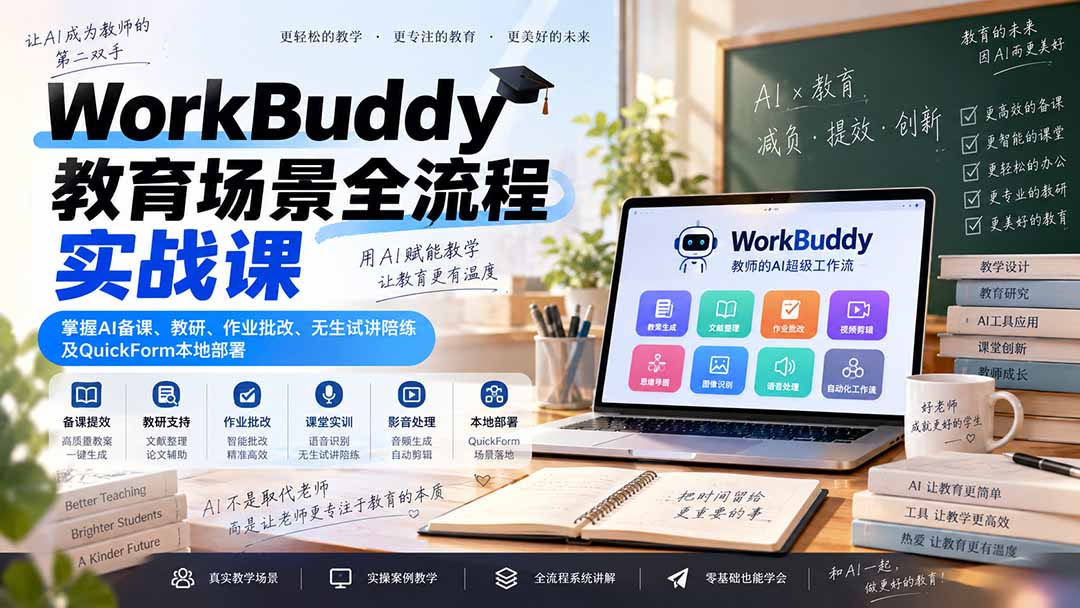 (20518期)WorkBuddy教育场景全流程实战课:掌握AI备课、教研、作业批改、无生试讲陪练及QuickForm本地部署|无忧资源社