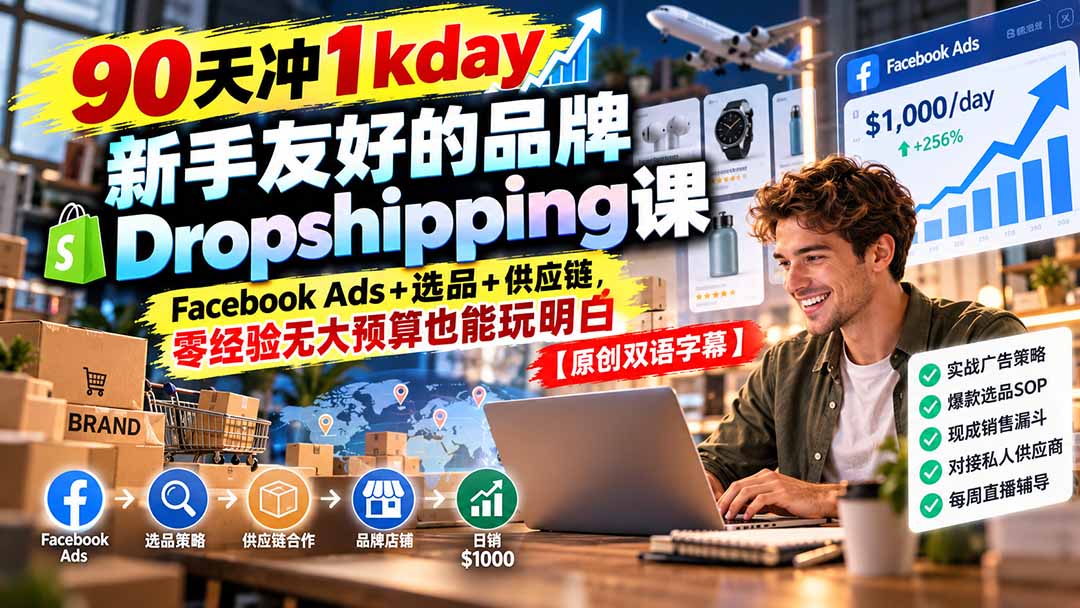 （20738期）90天冲1kday 新手友好的品牌Dropshipping课：Facebook Ads+选品+供应链，零经验无大预算也能玩明白【原创双语字幕】|无忧资源社