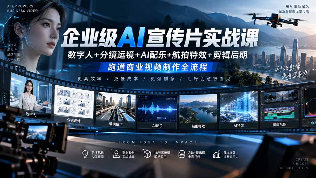（20548期）企业级AI宣传片实战课｜数字人+分镜运镜+AI配乐+航拍特效+剪辑后期，跑通商业视频制作全流程|无忧资源社