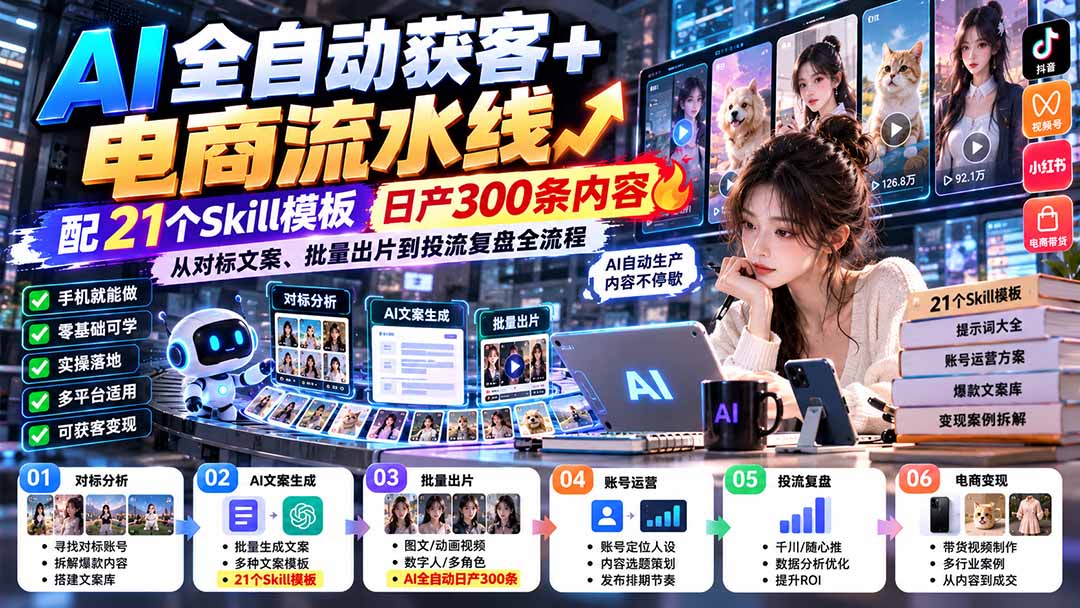 （20664期）AI全自动获客+电商流水线：配21个Skill模板，日产300条内容，从对标文案、批量出片到投流复盘全流程|无忧资源社