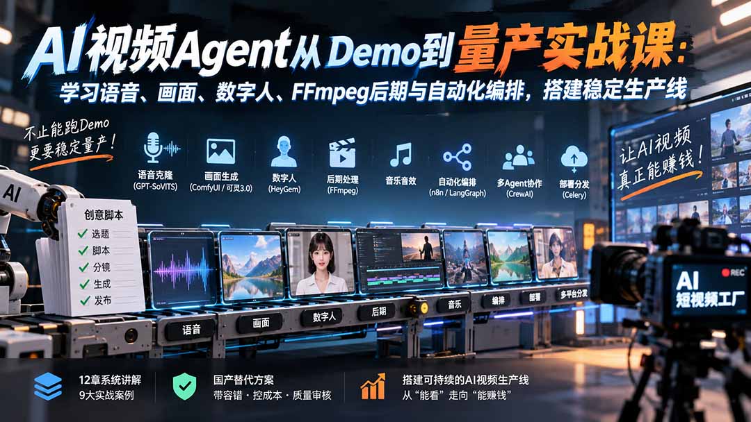 （20451期）AI视频Agent从Demo到量产实战课：学习语音、画面、数字人、FFmpeg后期与自动化编排，搭建稳定生产线|无忧资源社
