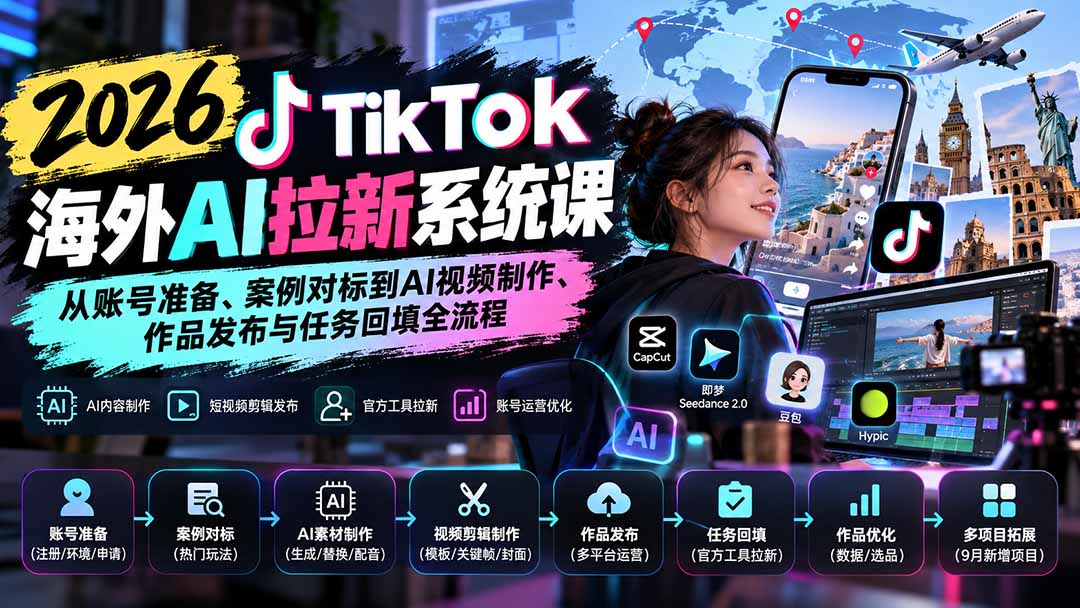（20675期）【无水印】2026 TikTok海外AI拉新系统课：从账号准备、案例对标到AI视频制作、作品发布与任务回填全流程|无忧资源社