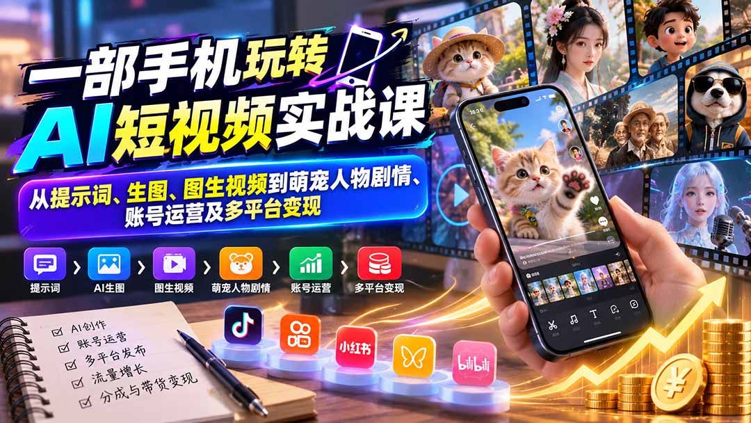 （20663期）一部手机玩转AI短视频实战课：从提示词、生图、图生视频到萌宠人物剧情、账号运营及多平台变现|无忧资源社