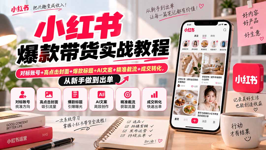 （20473期）小红书爆款带货实战教程｜对标账号+高点击封面+爆款标题+AI文案+精准截流+成交转化，从新手做到出单|无忧资源社
