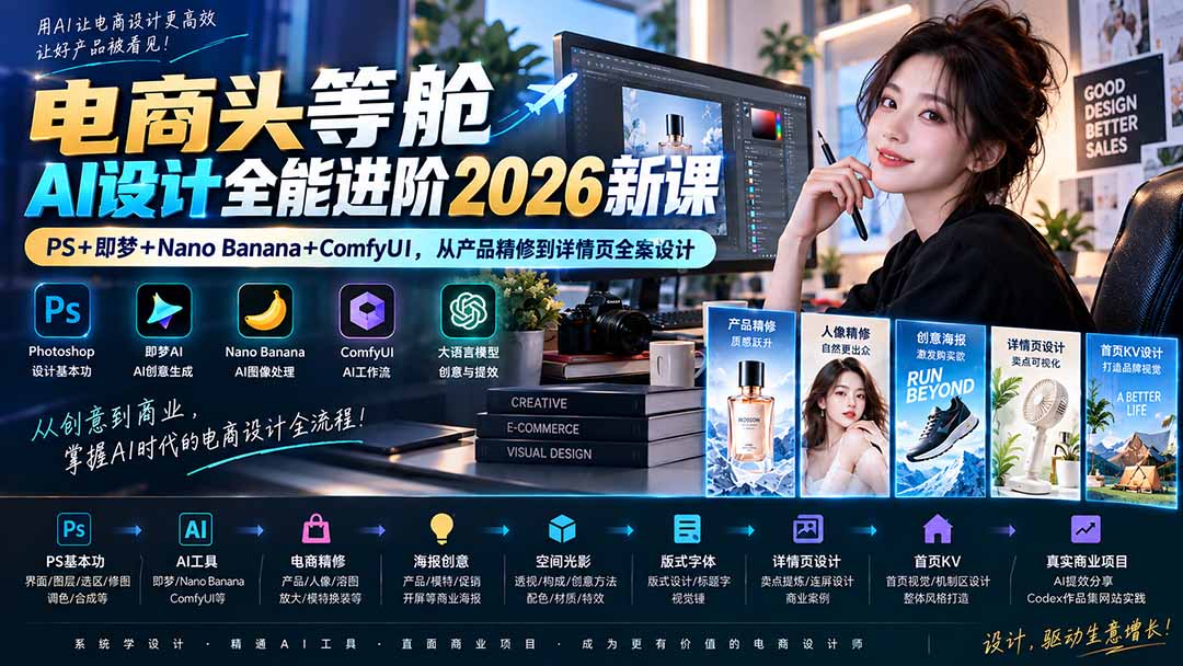(20284期)电商头等舱AI设计全能进阶2026新课:PS+即梦+Nano Banana+ComfyUI,从产品精修到详情页全案设计|无忧资源社
