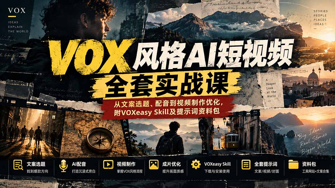 （20677期）【无水印】VOX风格AI短视频全套实战课：从文案选题、配音到视频制作优化，附VOXeasy Skill及提示词资料包|无忧资源社