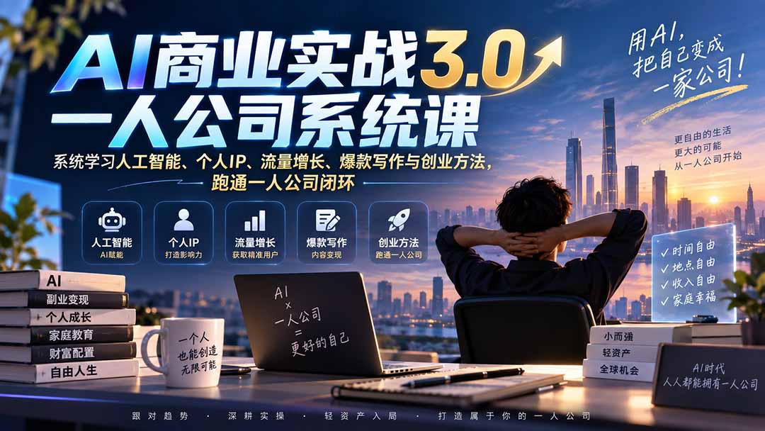 （20249期）AI商业实战3.0一人公司系统课：系统学习人工智能、个人IP、流量增长、爆款写作与创业方法，跑通一人公司闭环|无忧资源社