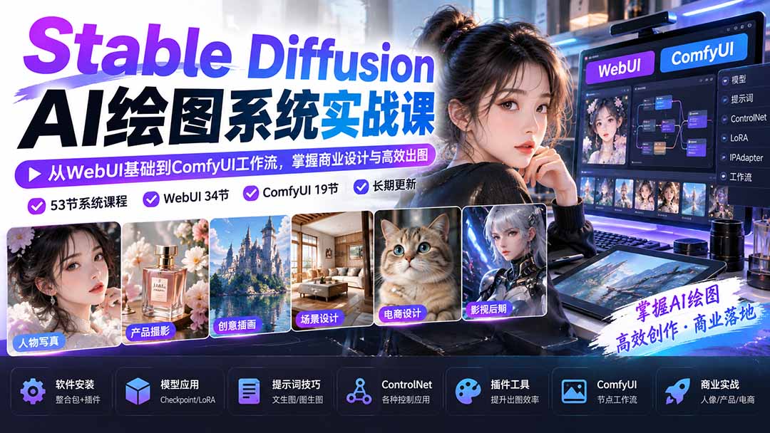 （20678期）Stable Diffusion AI绘图系统实战课：从WebUI基础到ComfyUI工作流，掌握商业设计与高效出图|无忧资源社
