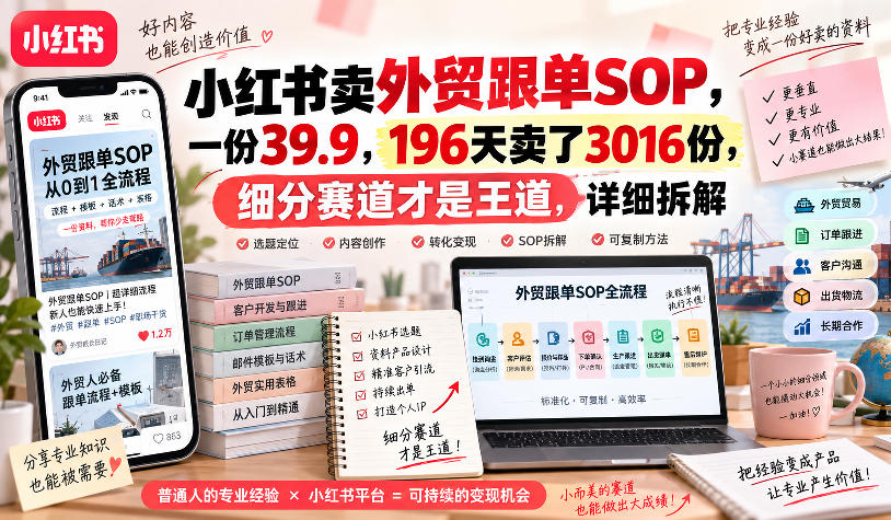 小红书卖外贸跟单sop,一份39.9,196天卖了3016份,细分赛道才是王道,详细拆解|无忧资源社