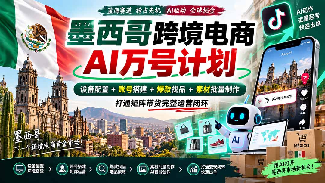 (20500期)墨西哥AI跨境电商万号计划|设备配置+账号搭建+爆款找品+素材批量制作,打通矩阵带货完整运营闭环|无忧资源社