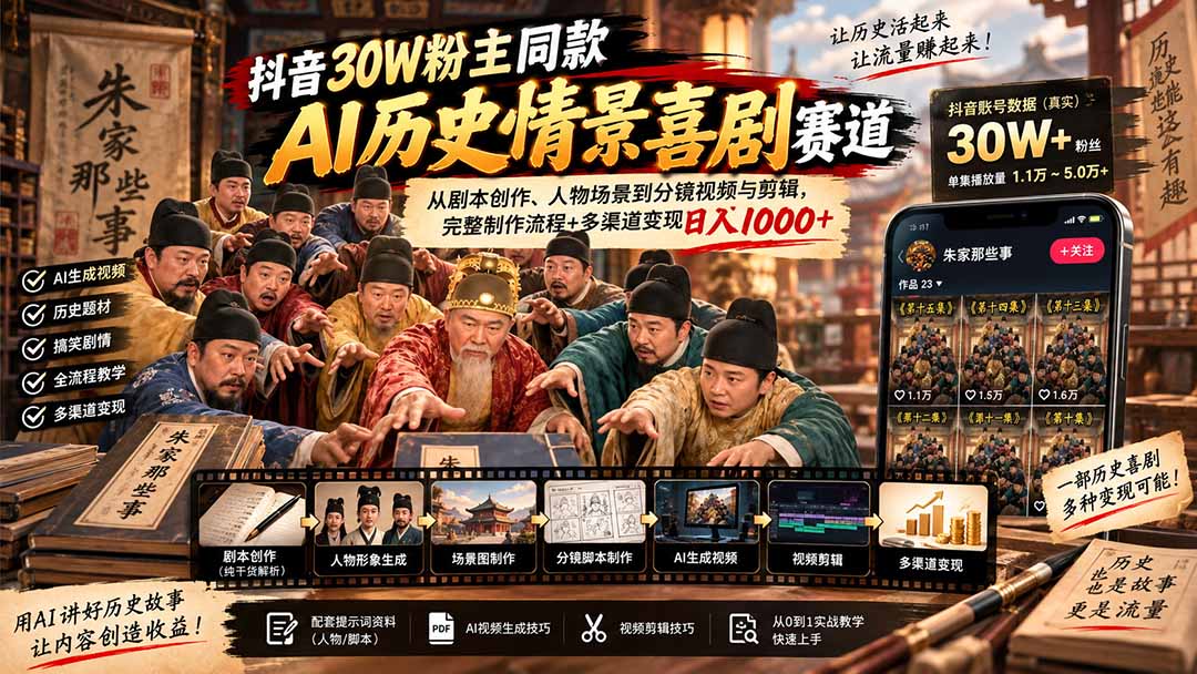 （20613期）抖音30W粉博主同款AI历史情景喜剧赛道：从剧本创作、人物场景到分镜视频与剪辑，完整制作流程+多渠道变现日入1000+|无忧资源社