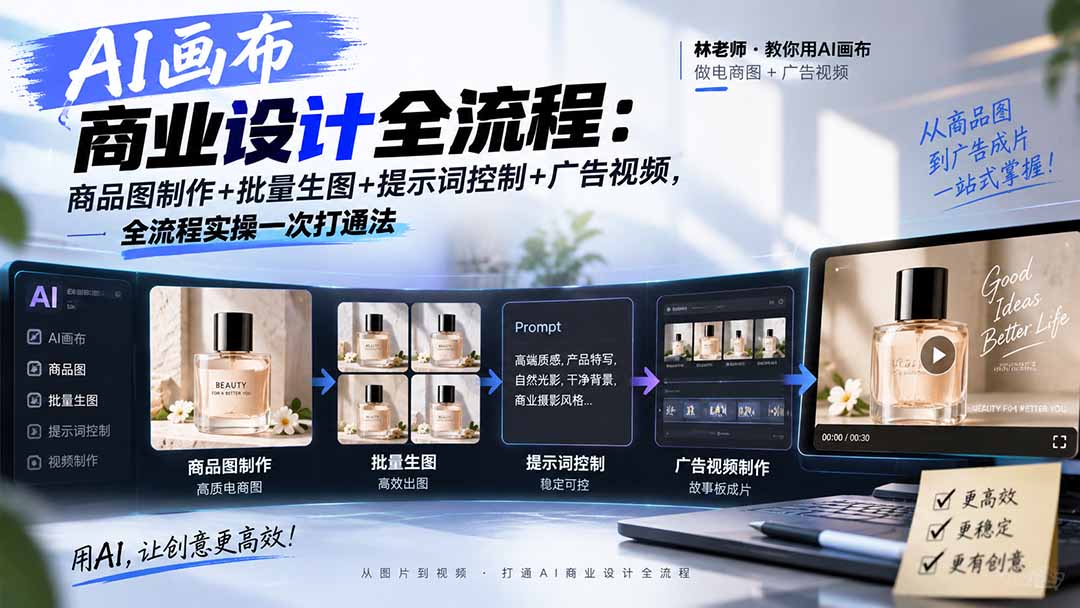(20576期)AI画布商业设计全流程:商品图制作+批量生图+提示词控制+广告视频,全流程实操一次打通法|无忧资源社