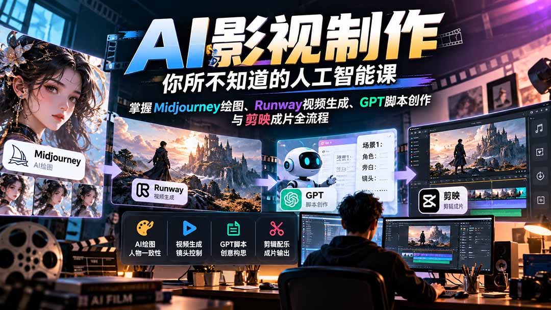 （20681期）AI影视制作-你所不知道的人工智能课，掌握Midjourney绘图、Runway视频生成、GPT脚本创作与剪映成片全流程|无忧资源社