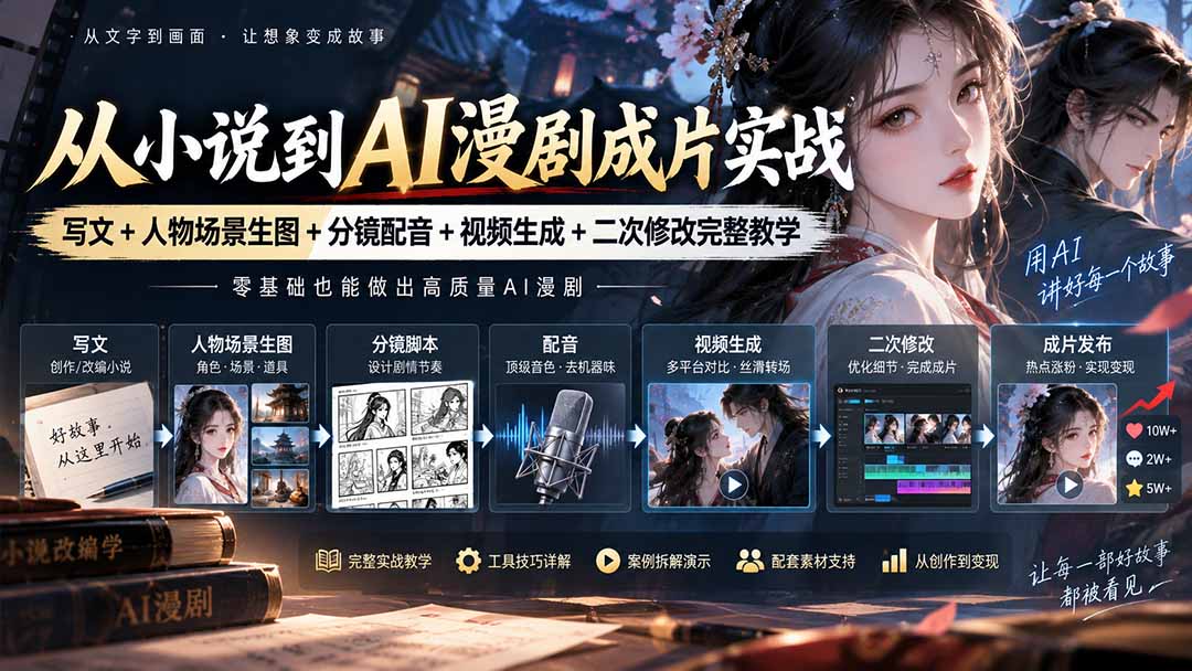 (20577期)从小说到AI漫剧成片实战:写文+人物场景生图+分镜配音+视频生成+二次修改完整教学|无忧资源社