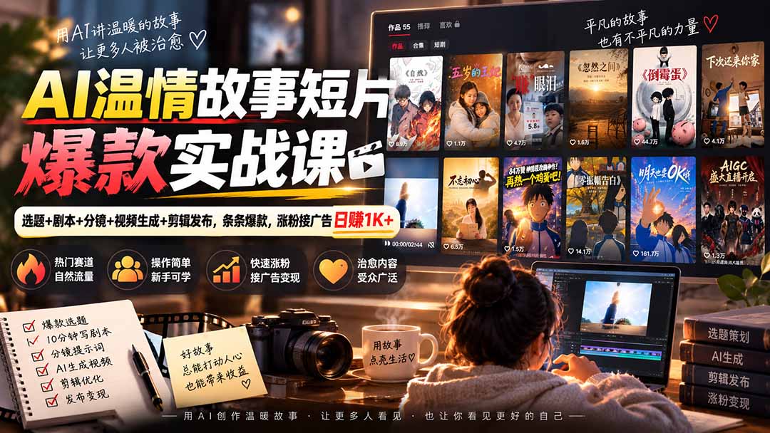 （20477期）AI温情故事短片爆款实战课-更新｜选题+剧本+分镜+视频生成+剪辑发布，条条爆款，涨粉接广告日赚1K+|无忧资源社