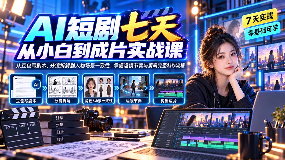 (20329期)AI短剧七天从小白到成片实战课:从豆包写剧本、分镜拆解到人物场景一致性,掌握运镜节奏与剪辑完整制作流程|无忧资源社
