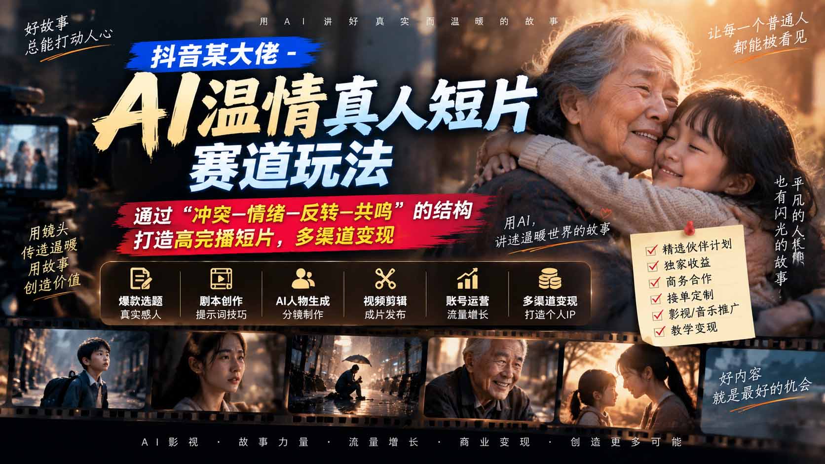 （20538期）抖音某大佬-AI温情真人短片赛道玩法：通过“冲突—情绪—反转—共鸣”的结构打造高完播短片，多渠道变现|无忧资源社
