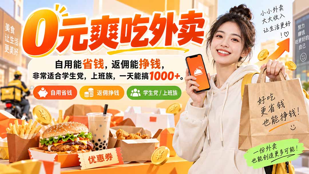 (20309期)0元爽吃外卖,自用能省钱,返佣能挣钱,非常适合学生党,上班族,一天能搞1000+|无忧资源社
