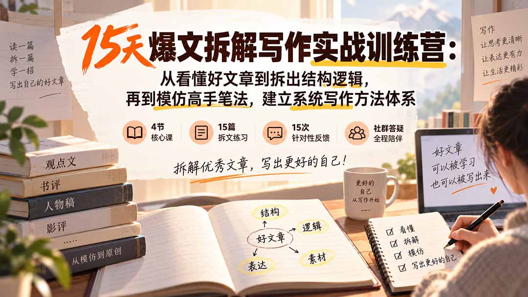 (20271期)15天爆文拆解写作实战训练营:从看懂好文章到拆出结构逻辑,再到模仿高手笔法,建立系统写作方法体系|无忧资源社