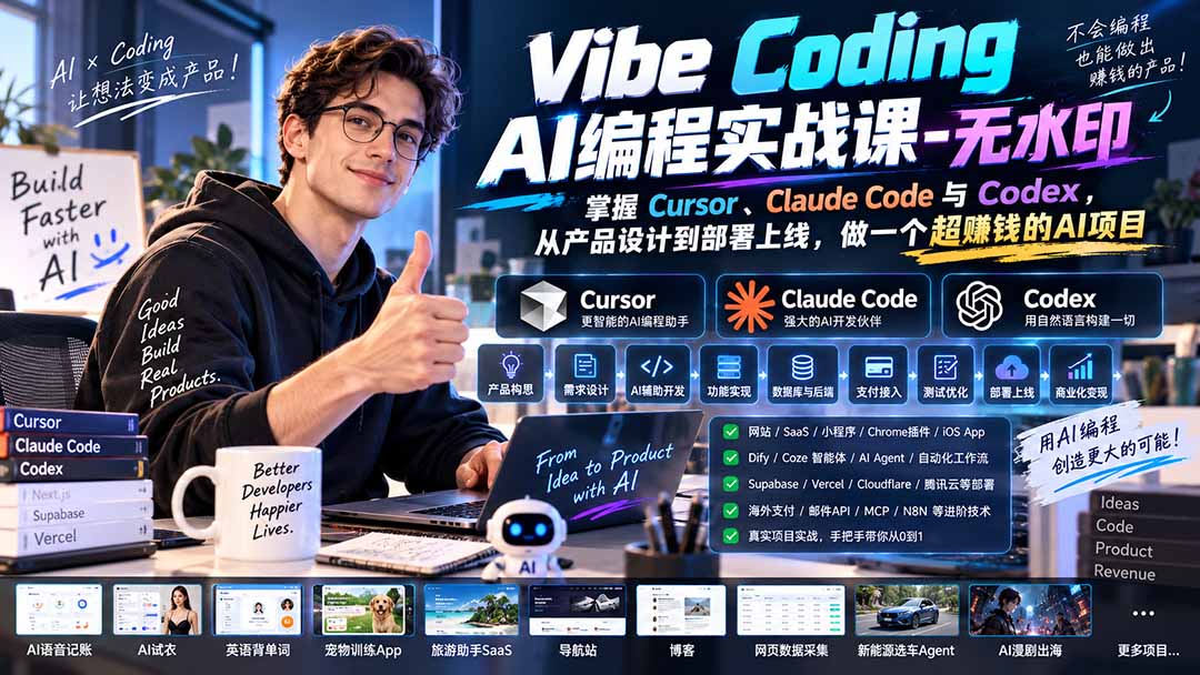 （20431期）Vibe Coding AI编程实战课-无水印：掌握Cursor、Claude Code与Codex，从产品设计到部署上线，做一个超赚钱的AI项目|无忧资源社