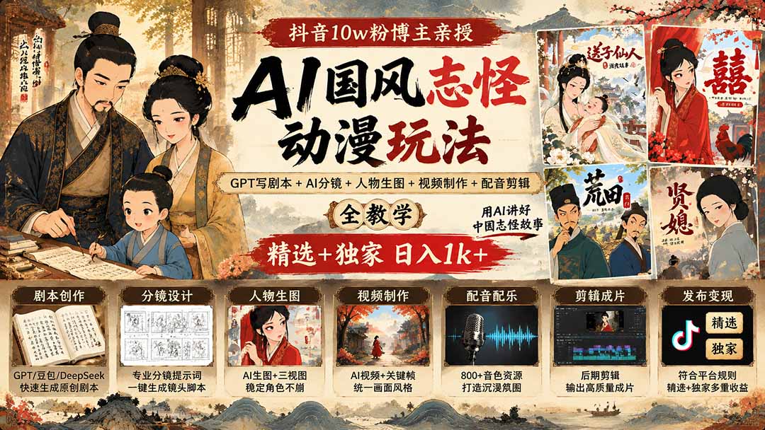 （20538期）抖音10w粉博主亲授AI国风志怪动漫玩法｜GPT写剧本+AI分镜+人物生图+视频制作+配音剪辑全教学｜精选+独家日入1k+|无忧资源社