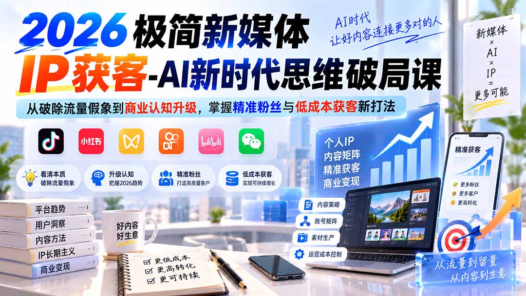 (20272期)2026极简新媒体IP获客-AI新时代思维破局课:从破除流量假象到商业认知升级,掌握精准粉丝与低成本获客新打法|无忧资源社