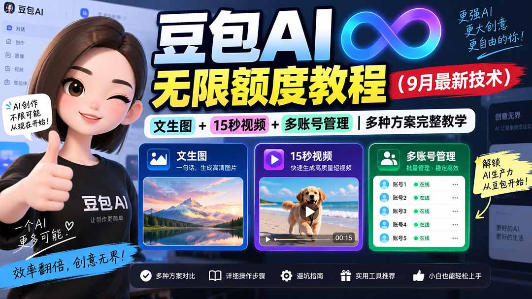 (20288期)豆包AI无限额度教程(9月最新技术)|文生图+15秒视频+多账号管理|多种方案完整教学|无忧资源社