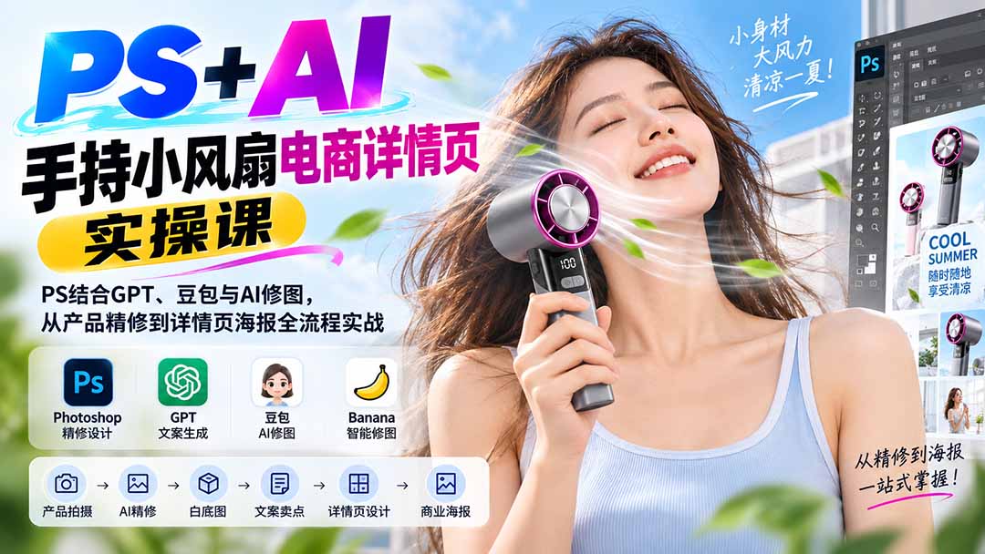（20273期）PS+AI手持小风扇电商详情页实操课：PS结合GPT、豆包与AI修图，从产品精修到详情页海报全流程实战|无忧资源社