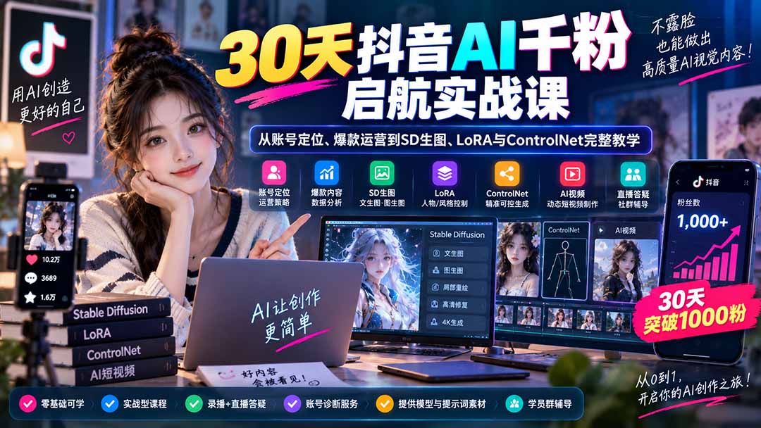 （20291期）30天抖音AI千粉启航实战课：从账号定位、爆款运营到SD生图、LoRA与ControlNet完整教学|无忧资源社